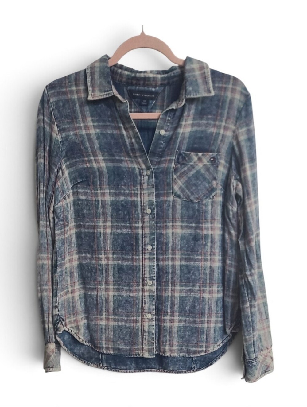 Tommy Hilfiger Acid Wash Plaid Button Down Shirt Blue Distressed Small